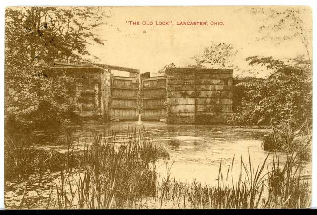 Sepia postcard of an old lock on the canal system at Lancaster, Ohio, postmarked 1917.