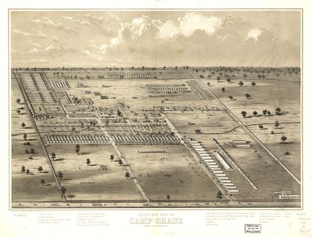 Bird's-eye view of Camp Chase, the Union training camp and Confederate prison west of Franklinton, drawn circa the 1860s.
