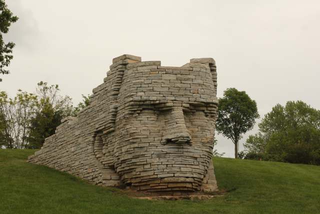 The Leatherlips Monument, a limestone portrait bust by sculptor Ralph Helmick dedicated in 1990, overlooking the Scioto River in Dublin's Scioto Park.