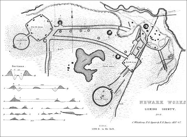 Plate XXV from Squier and Davis's 1848 survey of the Newark Works, mapping the earthworks before the canal, railroad and city destroyed most of them.