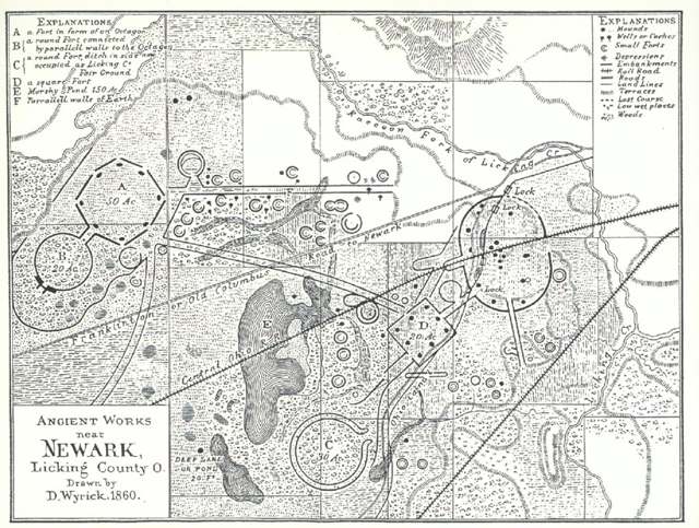 David Wyrick's own 1860 map of the Newark earthworks, drawn the same year he announced the discoveries later known as the Newark Holy Stones.