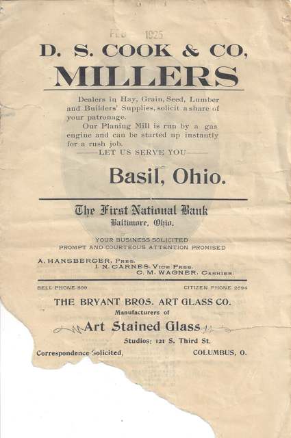 A page of February 1925 advertisements for Baltimore-area businesses, including the First National Bank of Baltimore