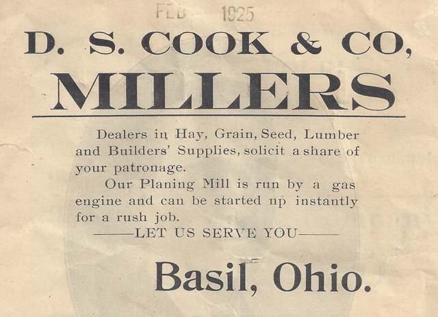 February 1925 advertisement for D. S. Cook & Co., Millers, located in Basil, Ohio