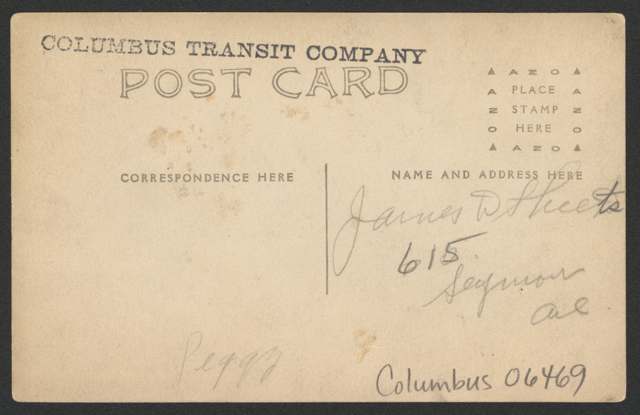 Postcard of streetcar No. 491 in front of the Holtzman & Sons Company building on East Main Street, Bexley.