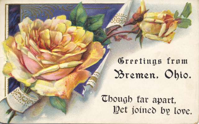 "Greetings from Bremen, Ohio" postcard