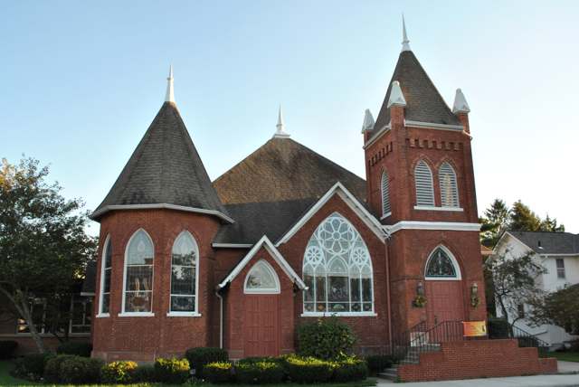 The Canal Winchester Methodist Church at Columbus and High Streets, built 1901-1904 to replace an 1850 building; listed on the National Register of Historic Places in 1982.