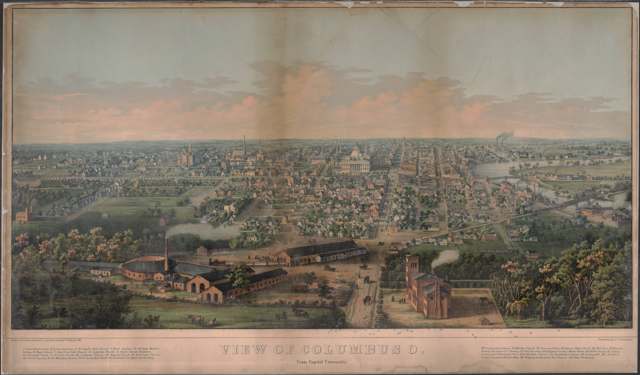 Bird's-eye view of Columbus from Capital University, released May 18, 1854, with the still-unfinished Ohio Statehouse at centre