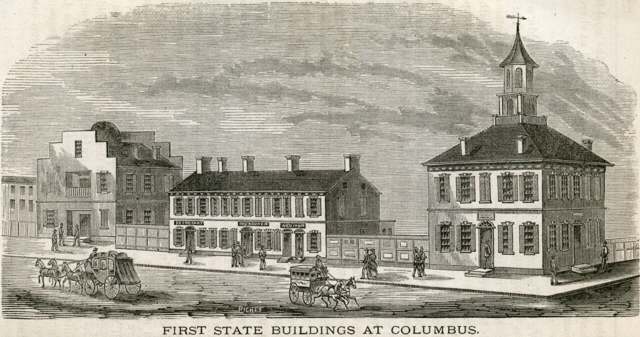 The first state buildings at Columbus, at State and High, as engraved in 1873; the 1814 statehouse's bricks were made partly from the clay of the High and Mound Street mound