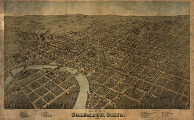 Bird's-eye view map of Columbus in 1872, the Scioto and Franklinton at left, Capitol Square at centre