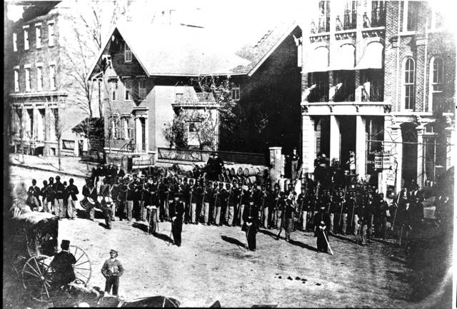 Soldiers of the 127th Ohio Volunteer Infantry (later the 5th USCT) on Sandusky Street in Delaware, probably 1863