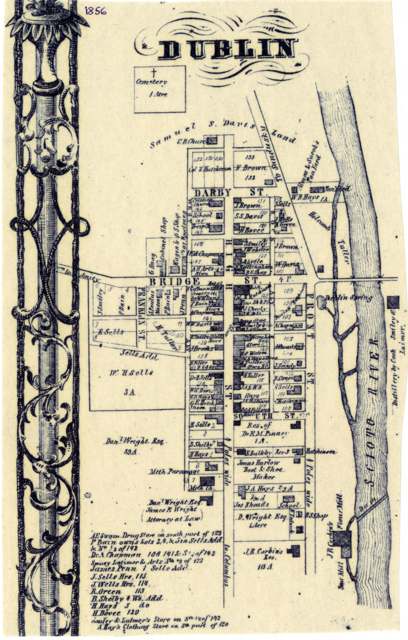 Property-ownership plat map of the village of Dublin, Washington Township, Franklin County, Ohio, from an 1856 county survey.