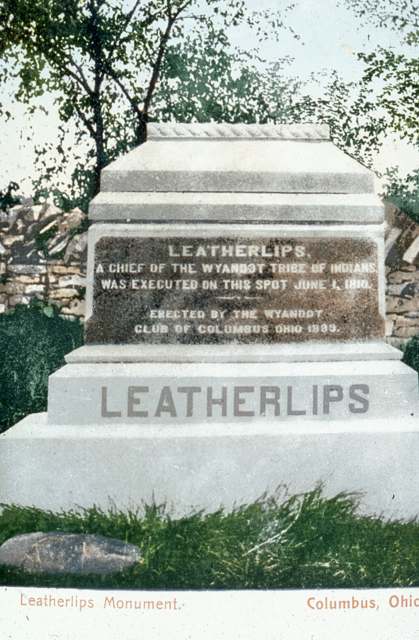 The memorial erected by the Wyandot Club in 1889 to Leatherlips (Shateyaronyah), at the southeast corner of Riverside Drive and Stratford Avenue; photographed 1909.