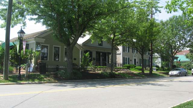 Buildings on the west side of South High Street in Dublin's historic district, part of the 1979 National Register listings; photographed 2010.