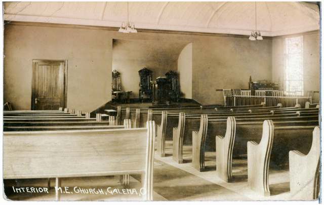 Postcard of the interior of the Methodist Episcopal Church, Galena, the largest church building in Berkshire Township