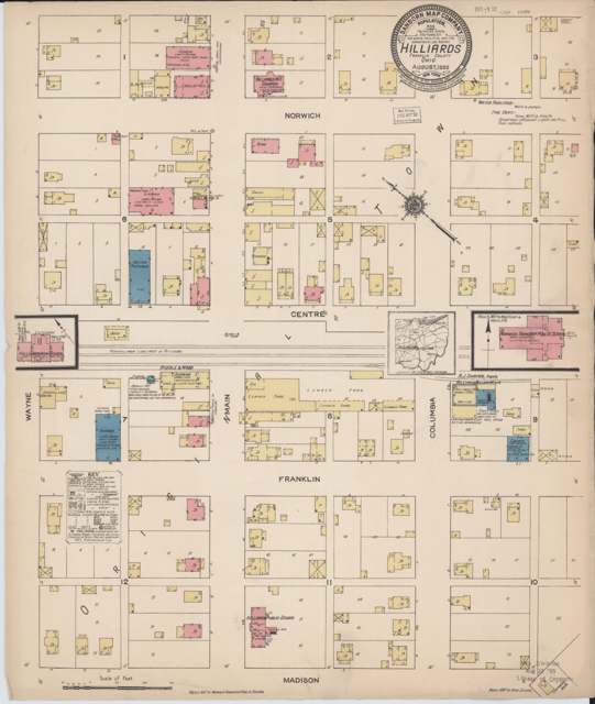 Sanborn fire-insurance map of 'Hilliards,' Franklin County, Ohio, plate 1, 1922 -- commercial mapmakers kept the plural spelling decades after the post office had settled on 'Hilliard.'