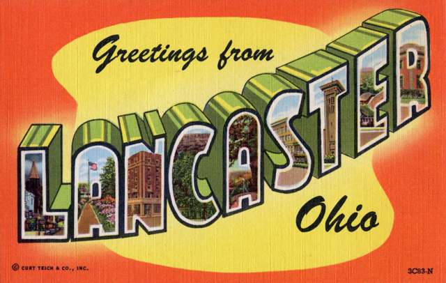 'Greetings from Lancaster, Ohio' large-letter postcard, printed by Curt Teich for Case's Drug Store