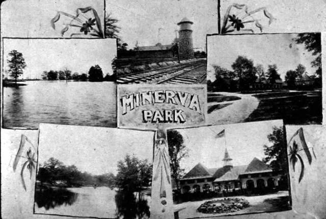 Views of Minerva Park showing the jail and water tower, the lake, and the dance pavilion, 1896
