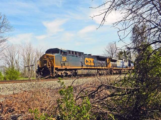 A CSX freight train on the Columbus Subdivision near milepost 14 in Powell, the successor to the 1872 Columbus and Toledo Railroad