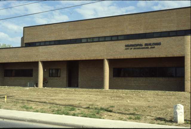 The Municipal Building, City of Reynoldsburg, photographed newly built with the surrounding lawn not yet grown in.