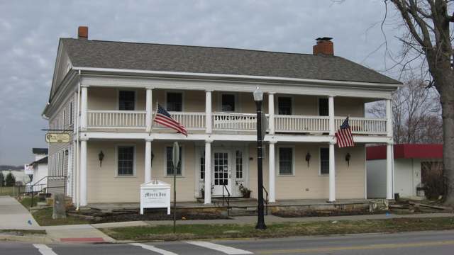 The Sunbury Tavern, at the northwest corner of State Route 37 and Galena Road, listed on the National Register of Historic Places