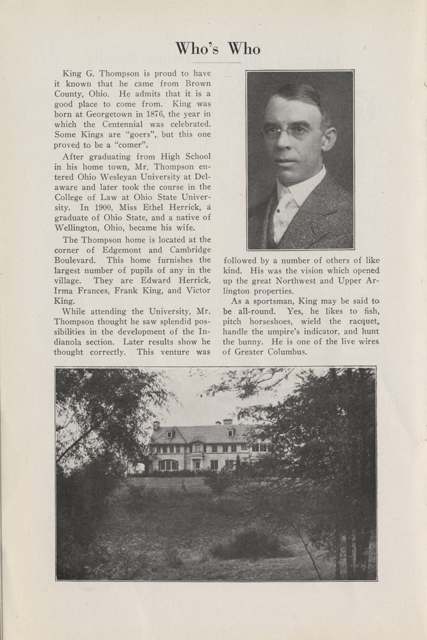 King Gibson Thompson, co-founder of Upper Arlington, pictured with his home; published November 1918.