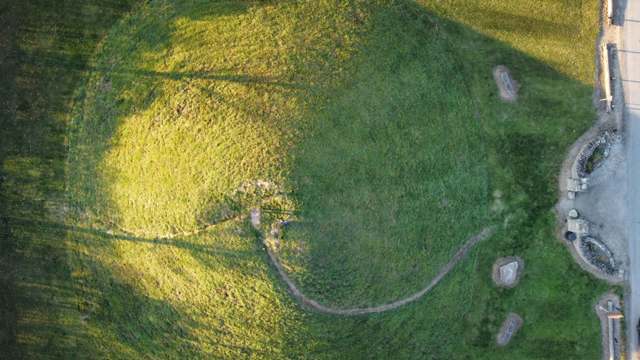 Shrum Mound (listed on the National Register as Campbell Mound), the roughly 2,000-year-old Adena burial mound in Campbell Memorial Park just south of Upper Arlington; modern aerial view.