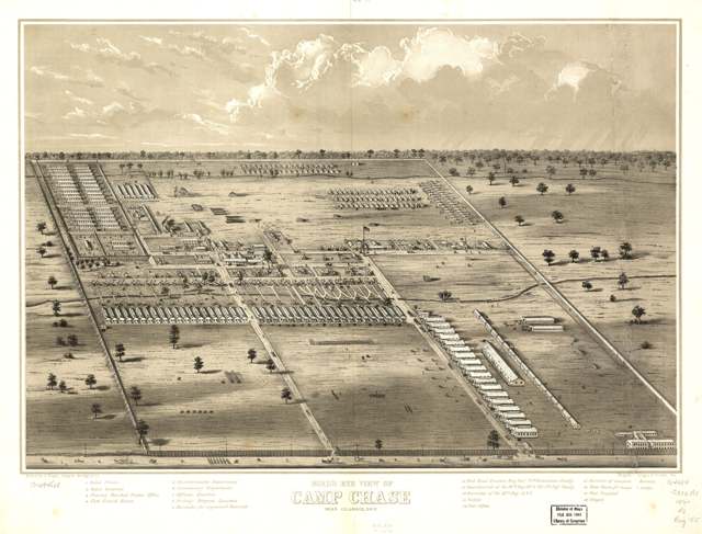 Bird's-eye-view panoramic map of Camp Chase near Columbus, by A. Ruger