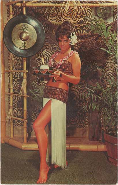 Kahiki Supper Club postcard advertising 'Kalua, the Kahiki Mystery Girl' and the restaurant's signature Mystery Drink.