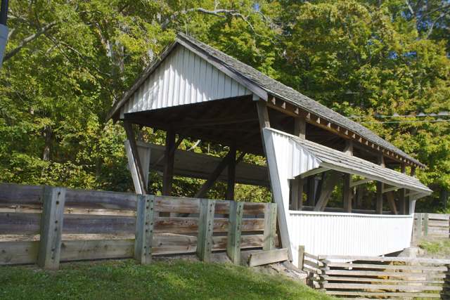 The Rock Mill Covered Bridge, built 1901 by Jacob R. Brandt, spanning the Hocking River gorge at Rock Mill