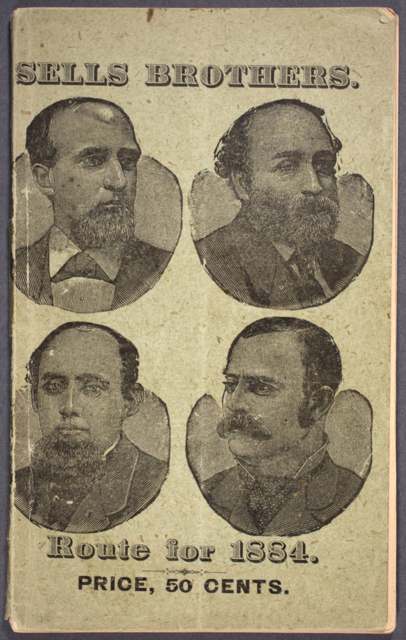 Cover of "Sells Brothers' Route for the Season of 1884," showing the four Sells brothers who wintered their circus in the township.