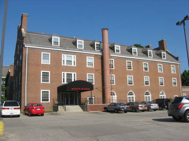 Austin Hall, Ohio Wesleyan University, built 1923, on the campus that grew out of the old sulphur-spring hotel grounds