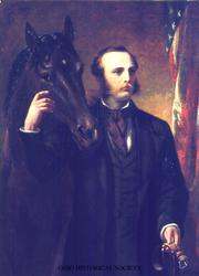 John S. Rarey, the Groveport-born horse-tamer, with Cruiser, the stallion he tamed in England; painting, c. 1860