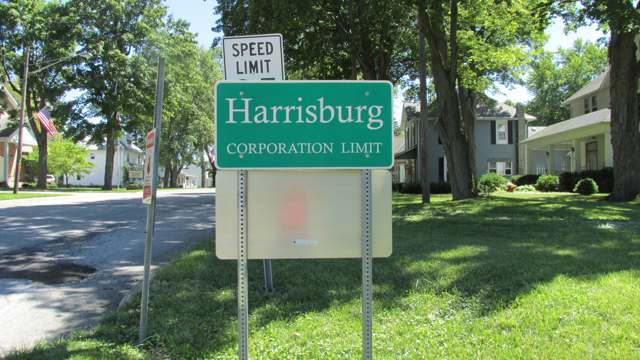 The Harrisburg, Ohio corporation limit sign, 2013.