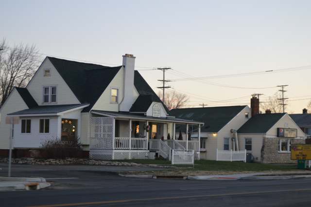 Businesses on the north side of Broad Street (U.S. Route 40) in the former village of New Rome, photographed in 2016, a decade after its 2004 dissolution into Prairie Township.