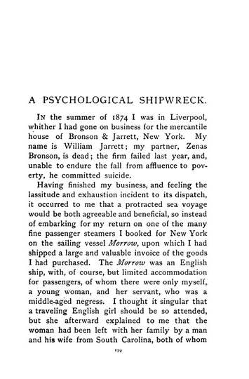 First page to "Psychological Shipwreck", a short story, as published in Can Such Things Be? by Ambrose Bierce (1842-1914