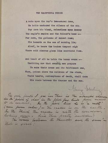 1909 sonnet "The California Condor" typescript hand-corrected and signed by George Sterling with comments by Ambrose Bie