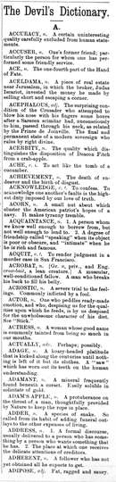 The first "The Devil's Dictionary" column by Ambrose Bierce, from The Wasp, 5 March 1881, vol. 6 no. 240, page 149.