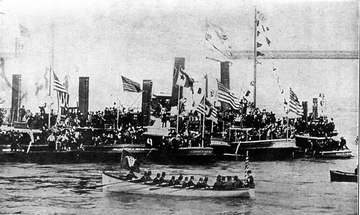 President Harrison being rowed ashore at foot of Wall Street, New York, April 29, 1889.