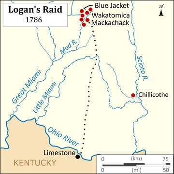 Map of Logan's Raid in 1786 in the Ohio Country.
