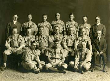 1912 University of Michigan baseball teamBack row: Philip Bartelme (athletic director), Perry Howard (1st base), Robert