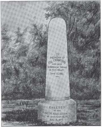 Artist's rendition of the Col. Crawford Burn Site Monument, located along Tymochtee Creek southeast of Crawford in Crawf