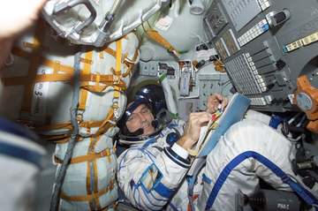 Astronaut Carl E. Walz, Expedition Four flight engineer, wearing a Russian Sokol suit, is seated in the Soyuz 3 spacecra