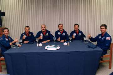 Already on an altered schedule in preparation for their spaceflight, the STS-79 astronauts are having lunch around midni