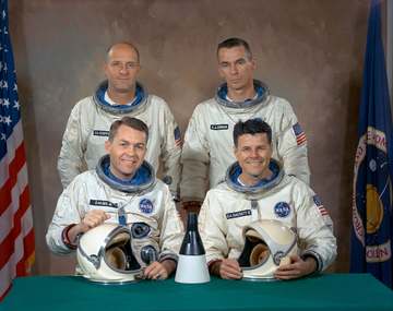 Portrait of the Gemini 9 prime and backup crews. Seated are the Prime crew consisting of Astronauts Elliot M. See Jr. (l