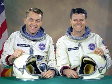 The original Gemini 9 prime crew, astronauts Elliot M. See Jr. (left), command pilot, and Charles A. Bassett II, pilot,