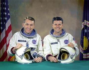 The original Gemini 9 prime crew, astronauts Elliot M. See Jr. (left), command pilot, and Charles A. Bassett II, pilot,