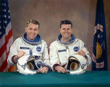 S66-15620 (January 1966) --- Gemini-9 backup crew portrait with astronauts Charles A. Bassett II (left), backup pilot an