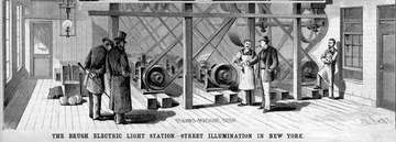 Brush Electric Company's New York central power plant's dynamo room which powered arc lamps for public lighting, 1880. E
