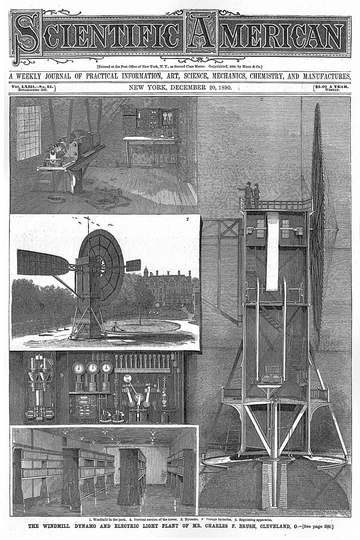 Charles F. Brush's 60 foot, 80,000 pound turbine that supplied 12kW of power to 350 incandescent lights, 2 arc lights, a