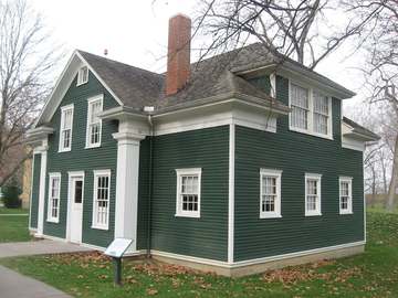 Front and eastern side of the Deeds' Barn, located at Carillon Historical Park in Dayton, Ohio, United States. Built in 